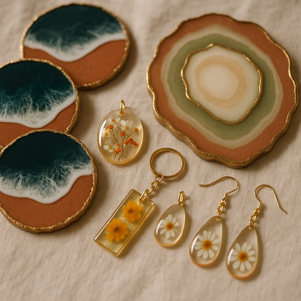 Piezas de resina epóxica hechas a mano: posavasos con olas, bandeja tipo geoda y joyería con flores.