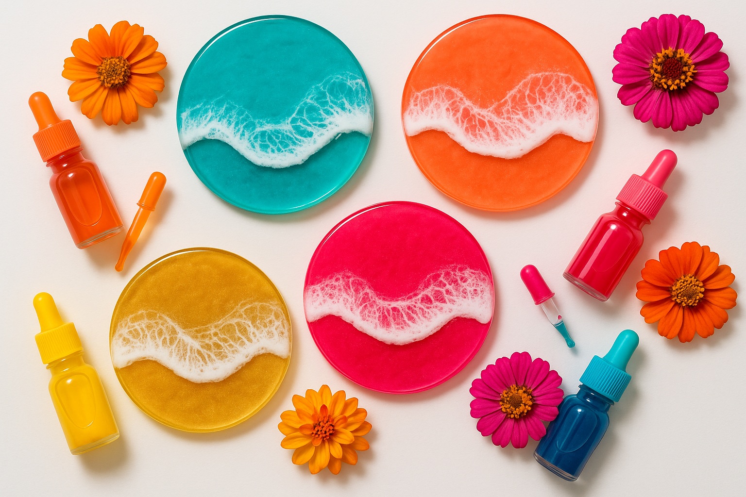 Posavasos de resina con olas de mar en turquesa, coral y rosa junto a pigmentos de colores.