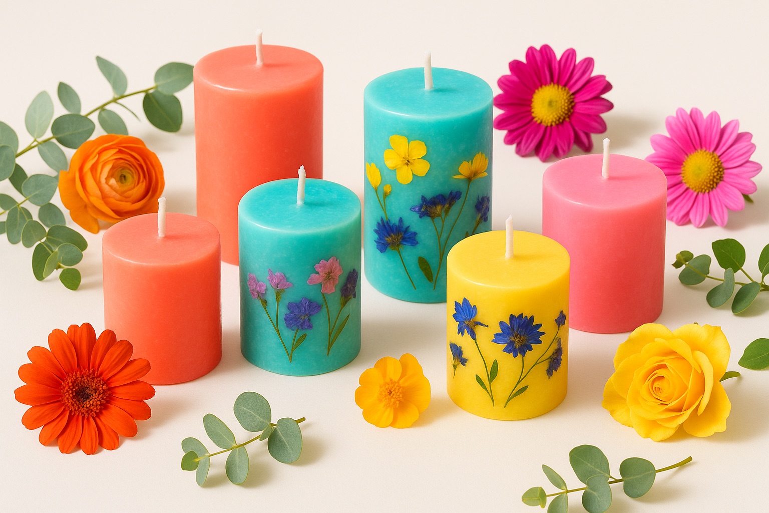 Velas artesanales de colores brillantes en coral, turquesa y rosa con flores prensadas.