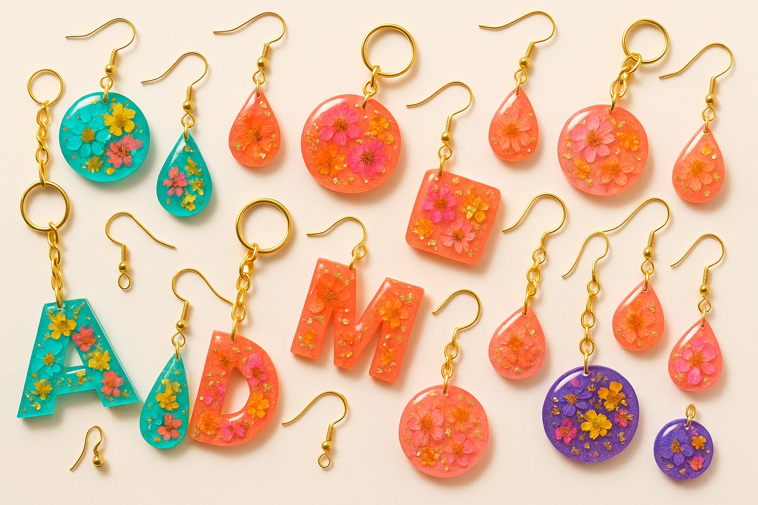 Joyería y llaveros de resina de colores vivos con flores e iniciales.