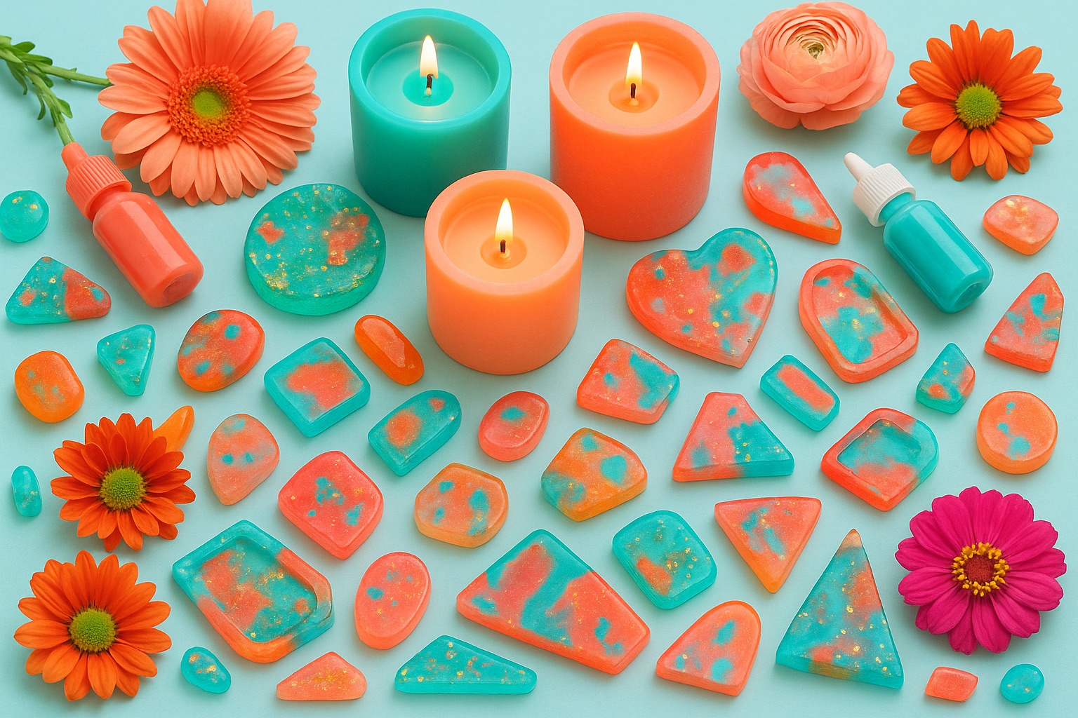 Piezas de resina y velas de colores vivos con flores y pigmentos.