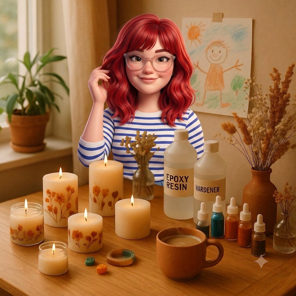 Ilustración de Ana en su rincón de manualidades en casa con velas, materiales de resina y un dibujo infantil bajo luz cálida.